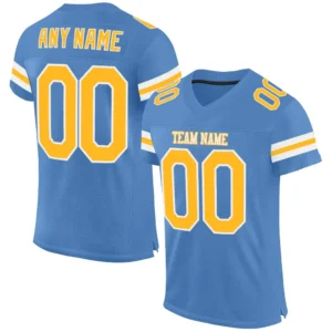 Custom Powder Blue Mesh Football Jersey with Gold-White