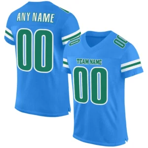 Custom Powder Blue Mesh Football Jersey with Kelly Green-White