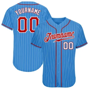 Custom Powder Blue Pinstripe Baseball Jersey with Red-White
