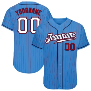 Custom Powder Blue Pinstripe Baseball Jersey with White-Navy