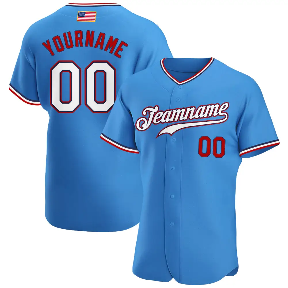 Custom Powder Blue USA Flag Fashion Baseball Jersey with White-Red