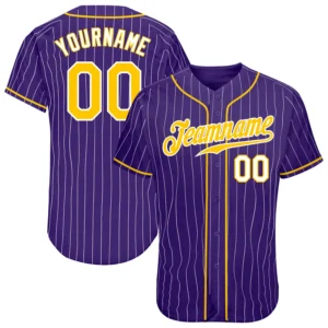 Custom Purple Pinstripe Baseball Jersey with Gold-White