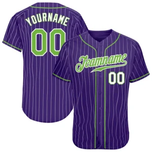Custom Purple Pinstripe Baseball Jersey with Neon Geen-White