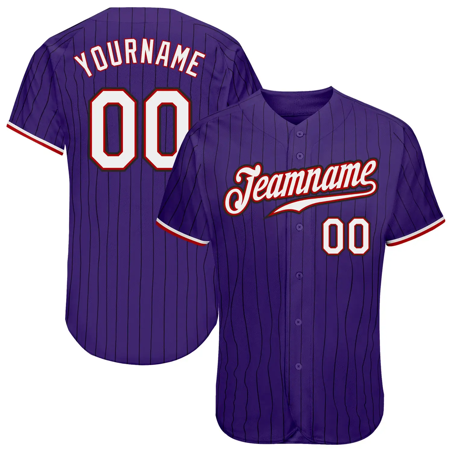 Custom Purple Pinstripe Baseball Jersey with White-Red