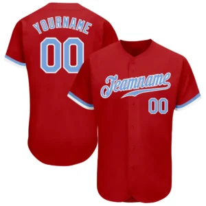 Custom Red Baseball Jersey with Light Blue-White