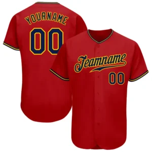 Custom Red Baseball Jersey with Navy-Gold