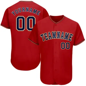 Custom Red Baseball Jersey with Navy-Old Gold