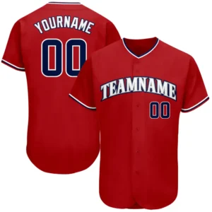 Custom Red Baseball Jersey with Navy-White