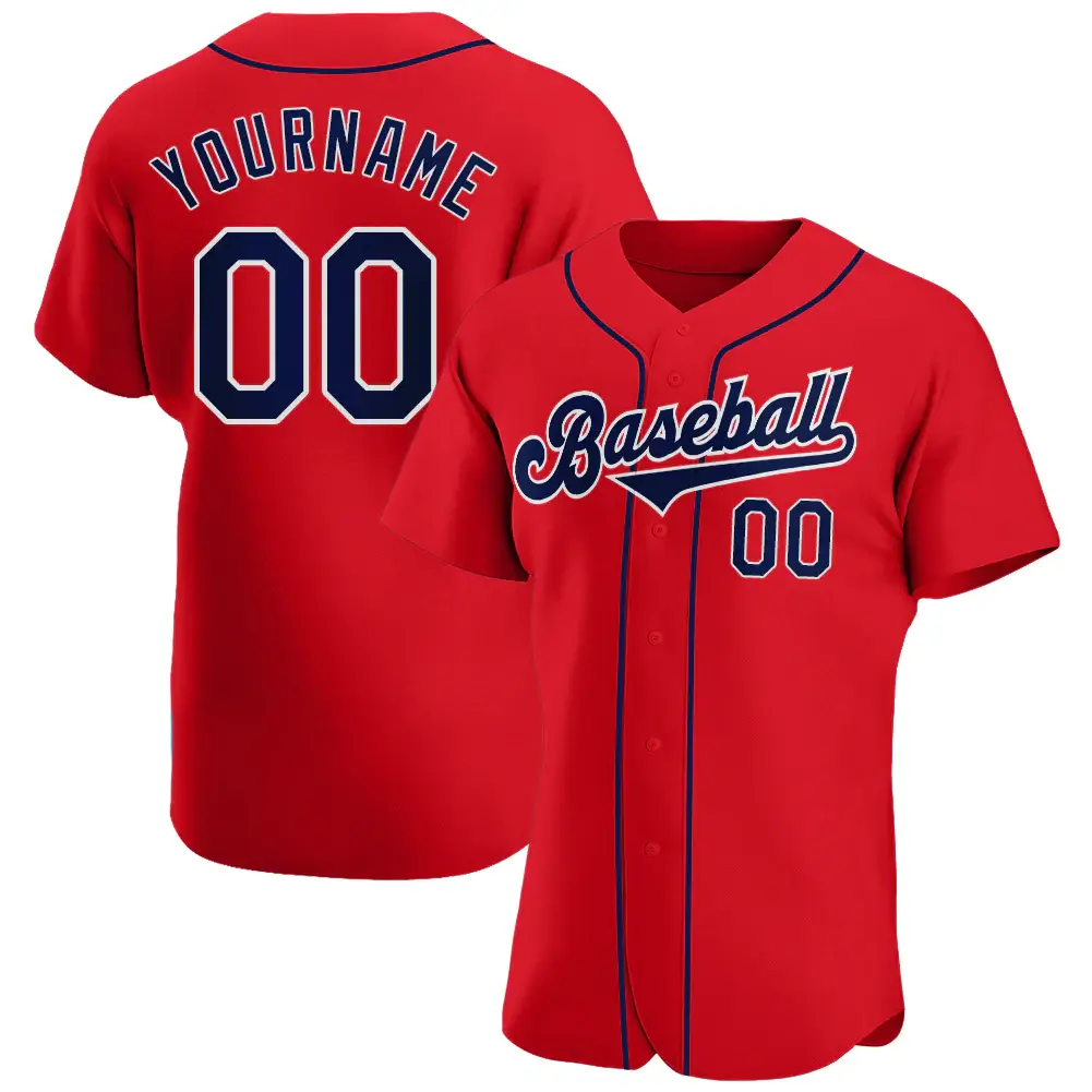 Custom Red Baseball Jersey with Navy-White