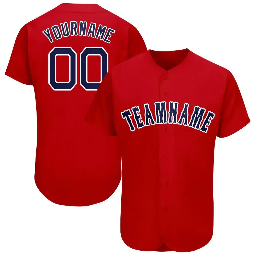 Custom Red Baseball Jersey with Navy-White