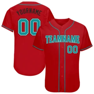 Custom Red Baseball Jersey with Teal-Black