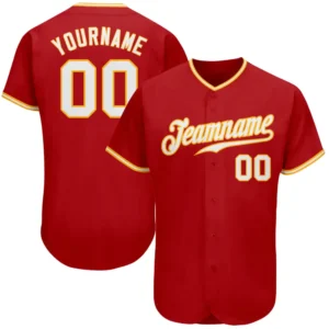 Custom Red Baseball Jersey with White-Gold
