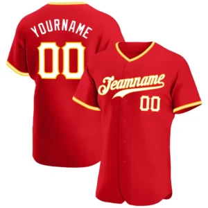 Custom Red Baseball Jersey with White-Gold