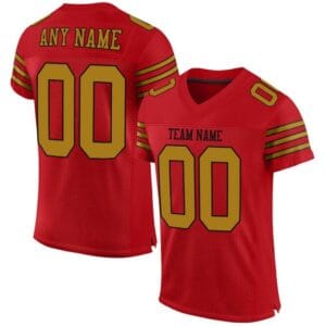 Custom Red Mesh Football Jersey with Old Gold