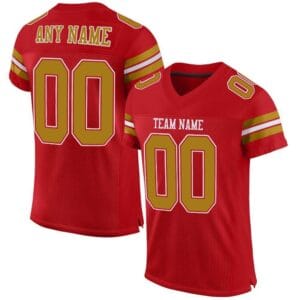 Custom Red Mesh Football Jersey with Old Gold-White