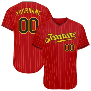 Custom Red Pinstripe Baseball Jersey with Black-Gold