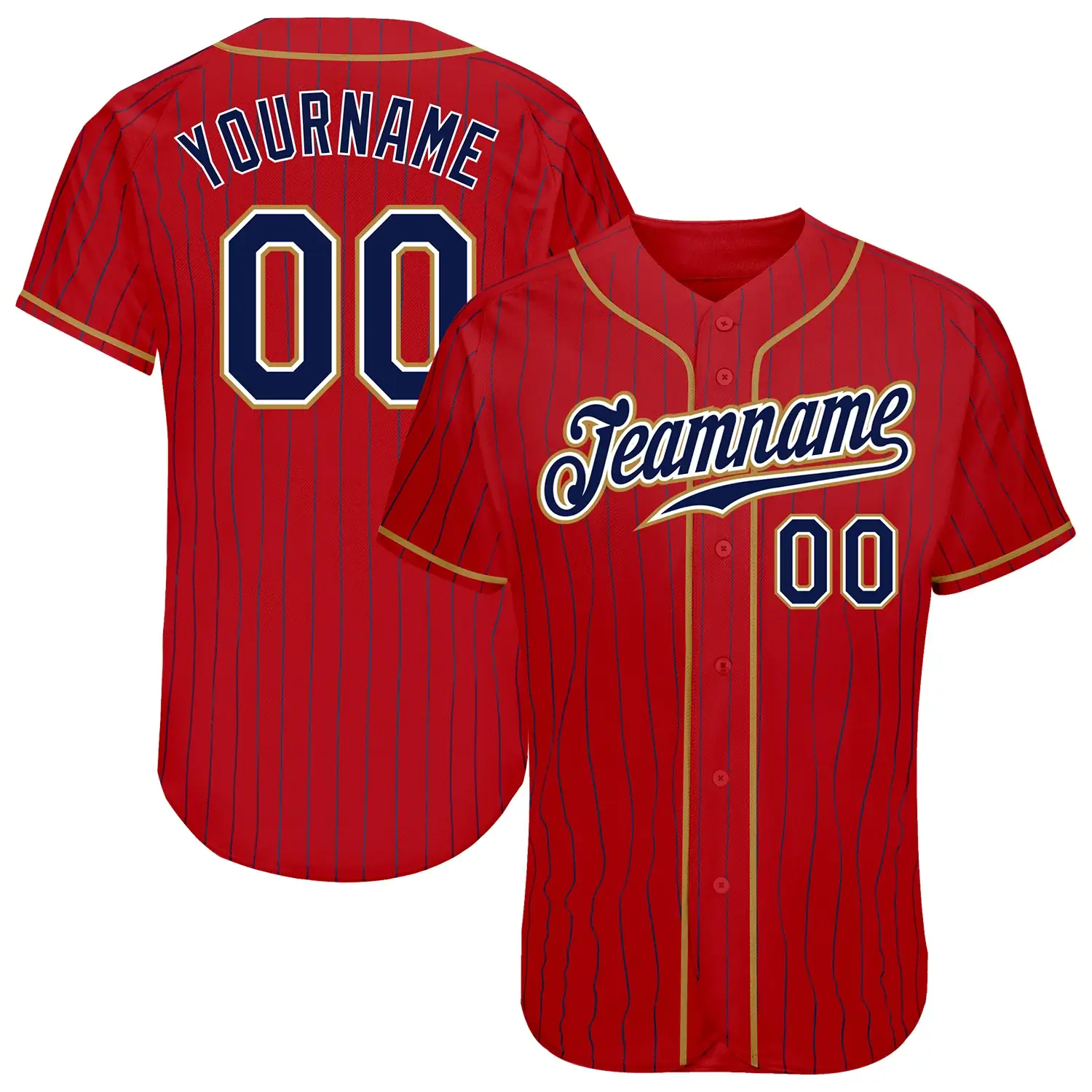 Custom Red Pinstripe Baseball Jersey with Navy-Old Gold