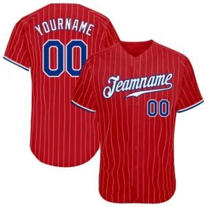 Custom Red Pinstripe Baseball Jersey with Royal-White