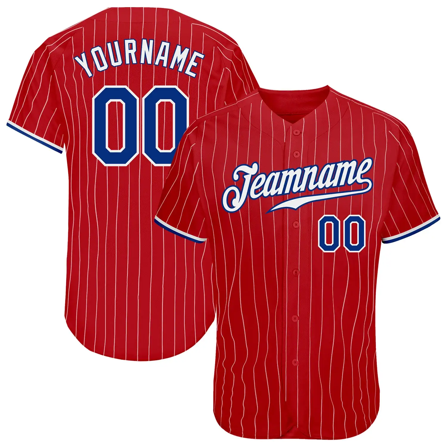 Custom Red Pinstripe Baseball Jersey with Royal-White