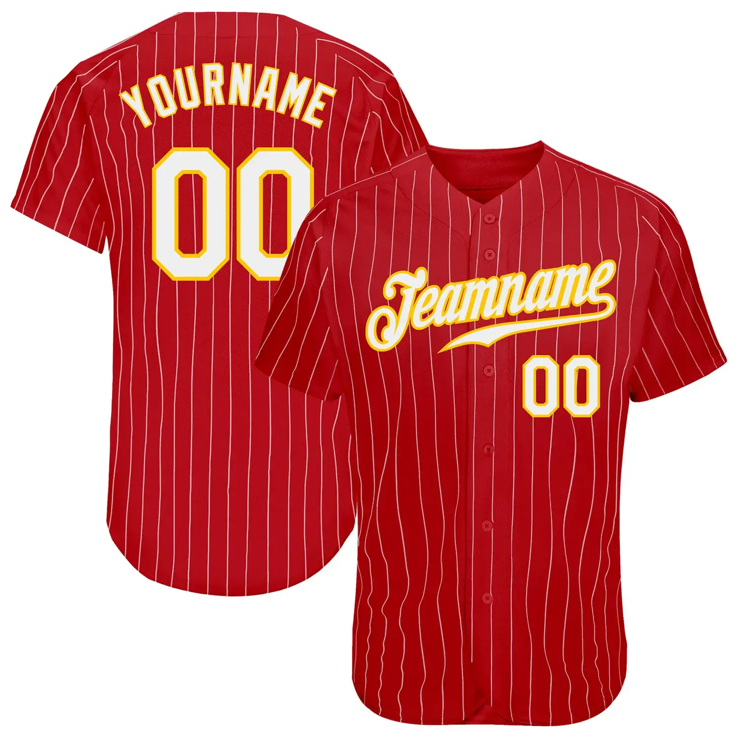 Custom Red Pinstripe Baseball Jersey with White-Gold