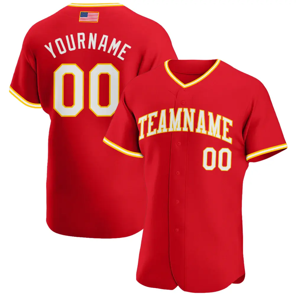 Custom Red USA Flag Fashion Baseball Jersey with White-Gold