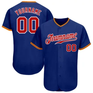 Custom Royal Baseball Jersey with Red-White-Gold