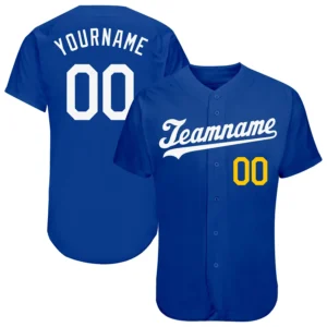 Custom Royal Baseball Jersey with White-Gold