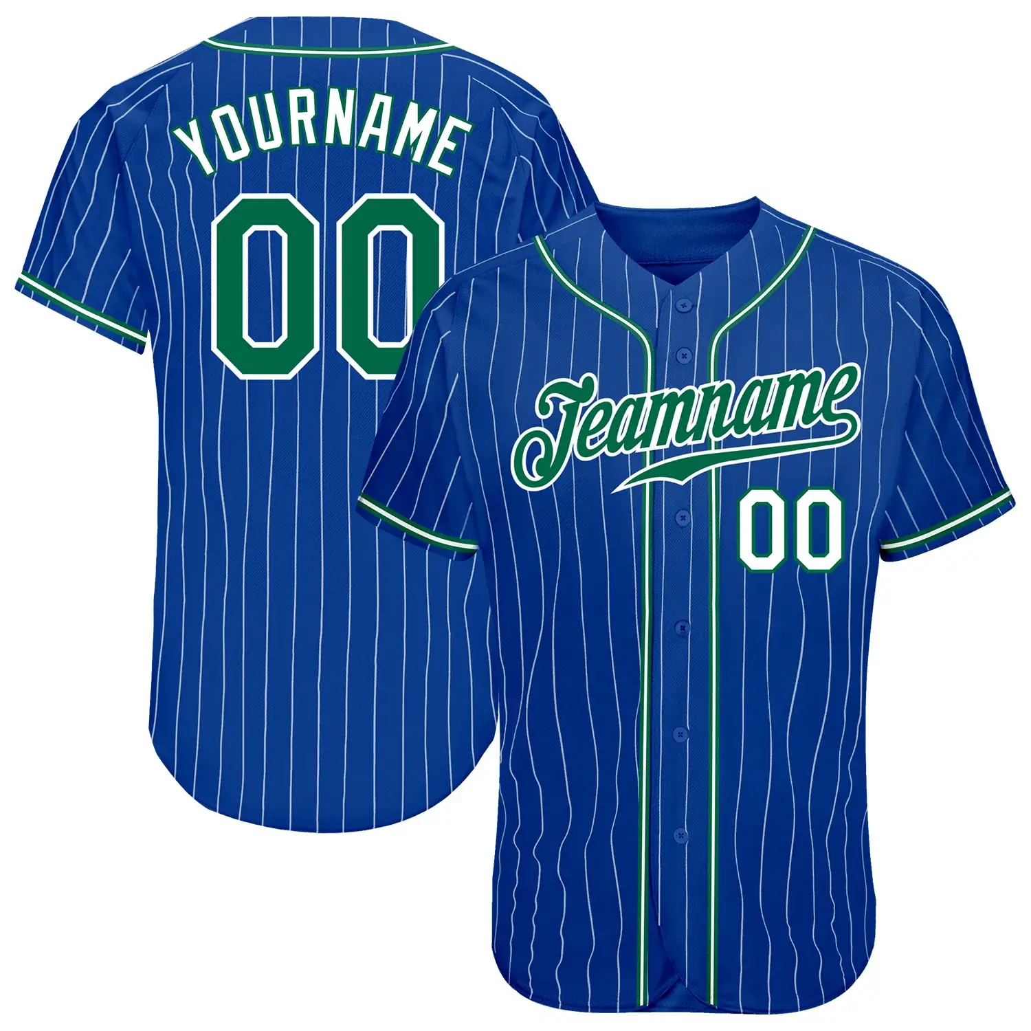 Custom Royal Pinstripe Baseball Jersey with Kelly Green-White