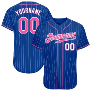 Custom Royal Pinstripe Baseball Jersey with Pink-White