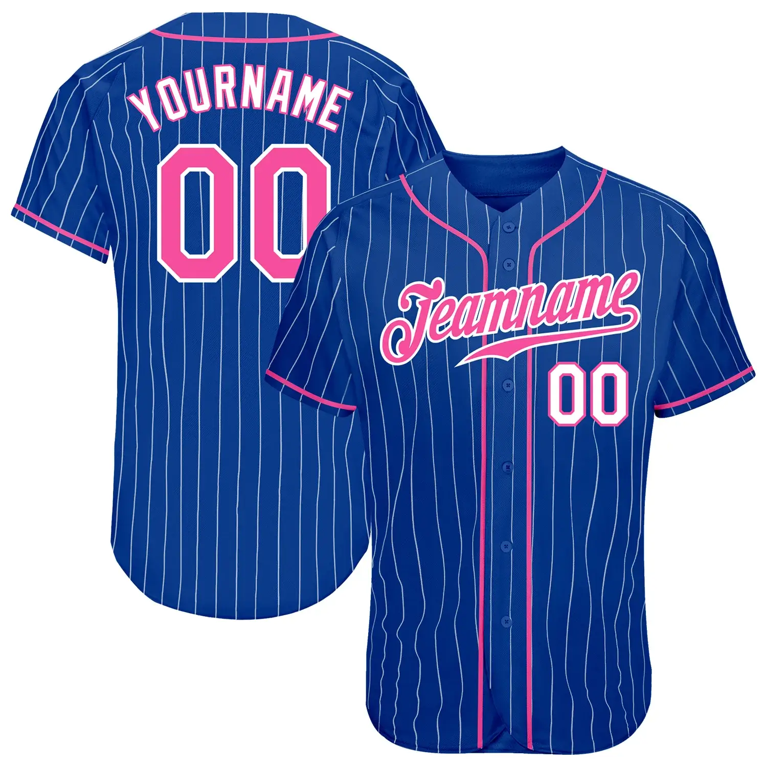 Custom Royal Pinstripe Baseball Jersey with Pink-White