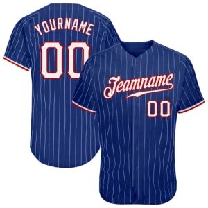 Custom Royal Pinstripe Baseball Jersey with White-Red