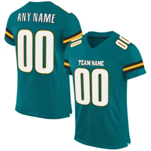 Custom Teal Mesh Football Jersey with White-Gold