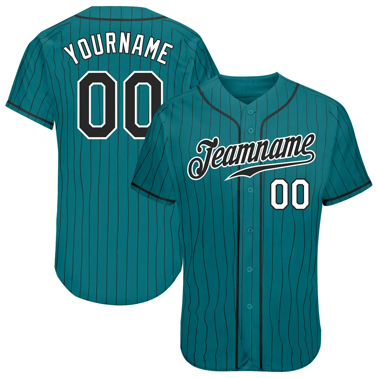 Custom Teal Pinstripe Baseball Jersey with Black-White