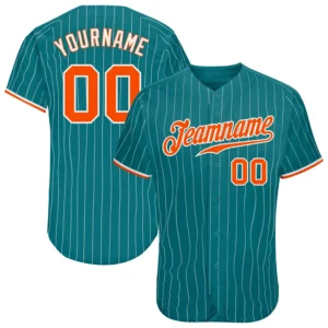 Custom Teal Pinstripe Baseball Jersey with Orange-White