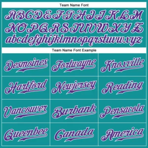 Custom Teal Pinstripe Baseball Jersey with Purple-White - Image 2