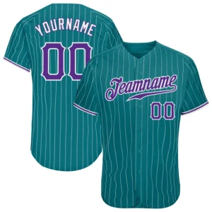 Custom Teal Pinstripe Baseball Jersey with Purple-White