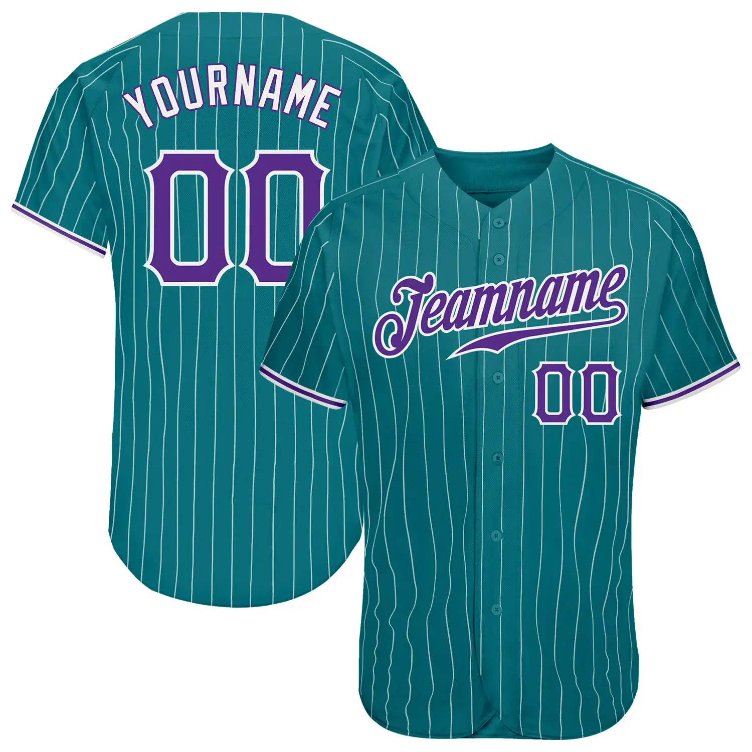 Custom Teal Pinstripe Baseball Jersey with Purple-White