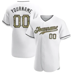 Custom White Baseball Jersey with Camo-Black