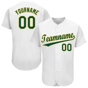 Custom White Baseball Jersey with Green-Gold