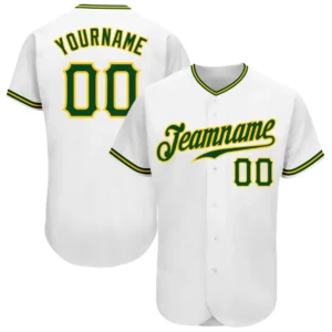 Custom White Baseball Jersey with Green-Gold