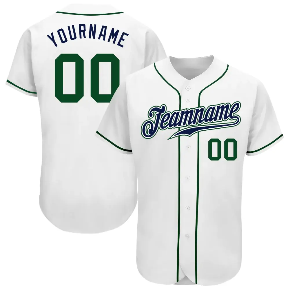 Custom White Baseball Jersey with Green-Navy