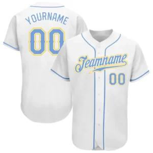 Custom White Baseball Jersey with Light Blue-Gold