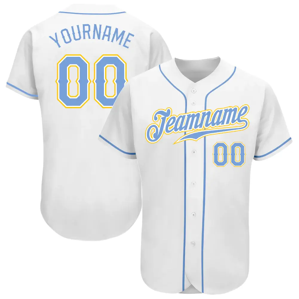 Custom White Baseball Jersey with Light Blue-Gold