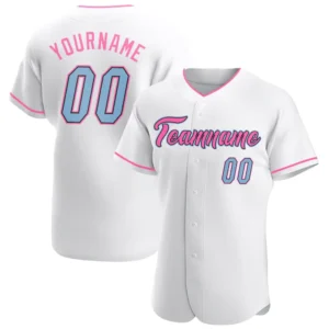 Custom White Baseball Jersey with Light Blue-Pink