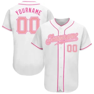 Custom White Baseball Jersey with Medium Pink-Pink