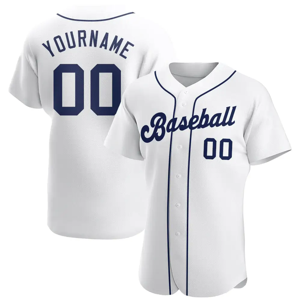 Custom White Baseball Jersey with Navy