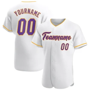 Custom White Baseball Jersey with Purple-Gold