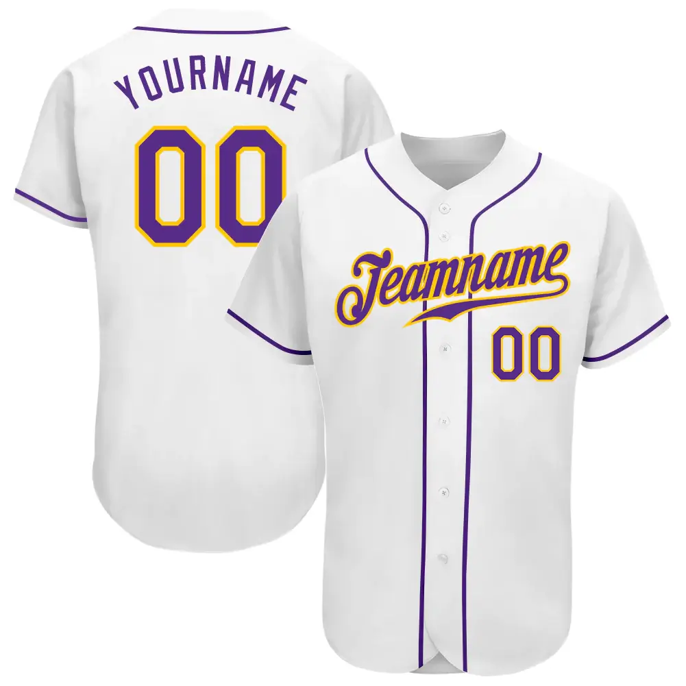 Custom White Baseball Jersey with Purple-Gold