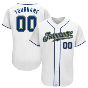 Custom White Baseball Jersey with Royal-Gold