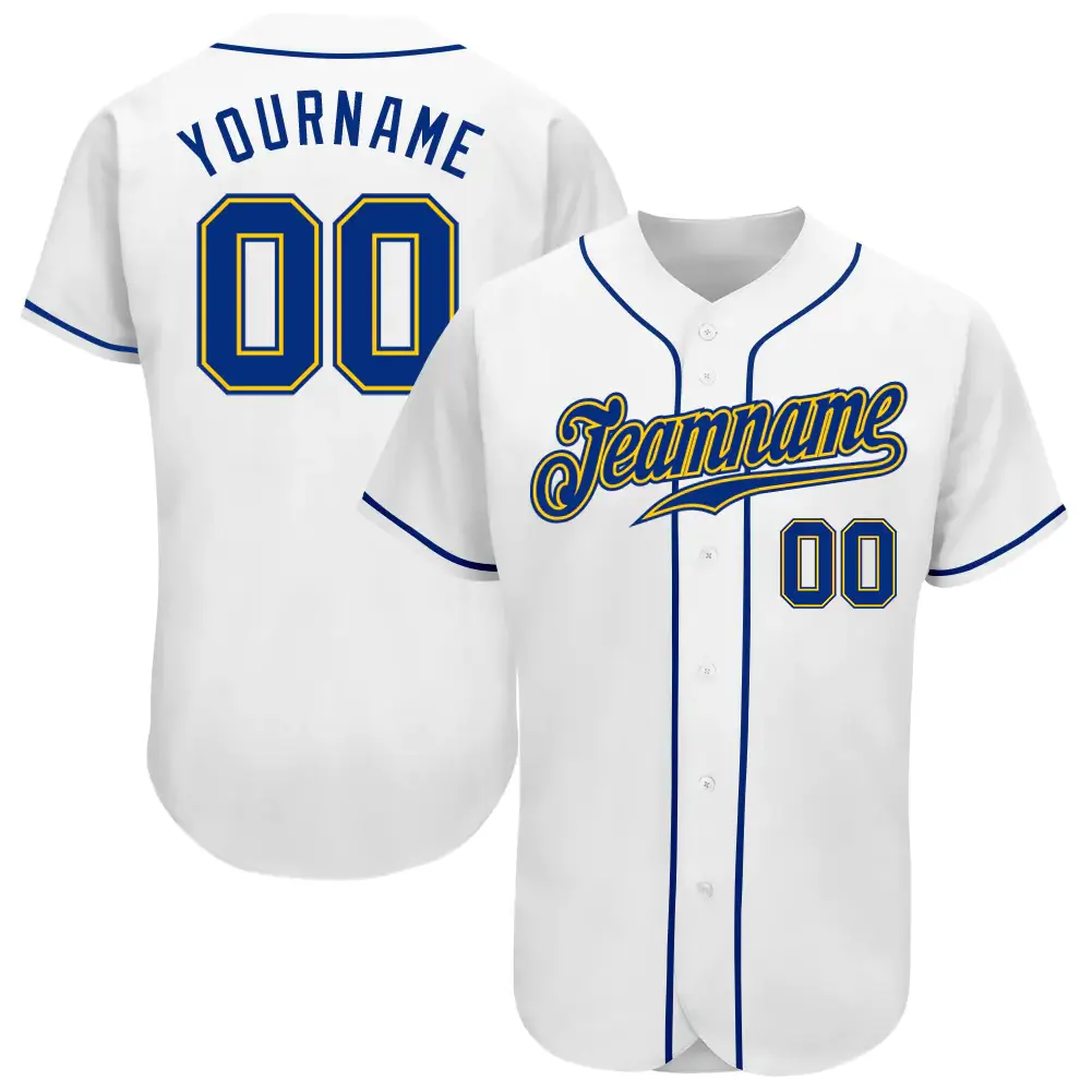 Custom White Baseball Jersey with Royal-Gold